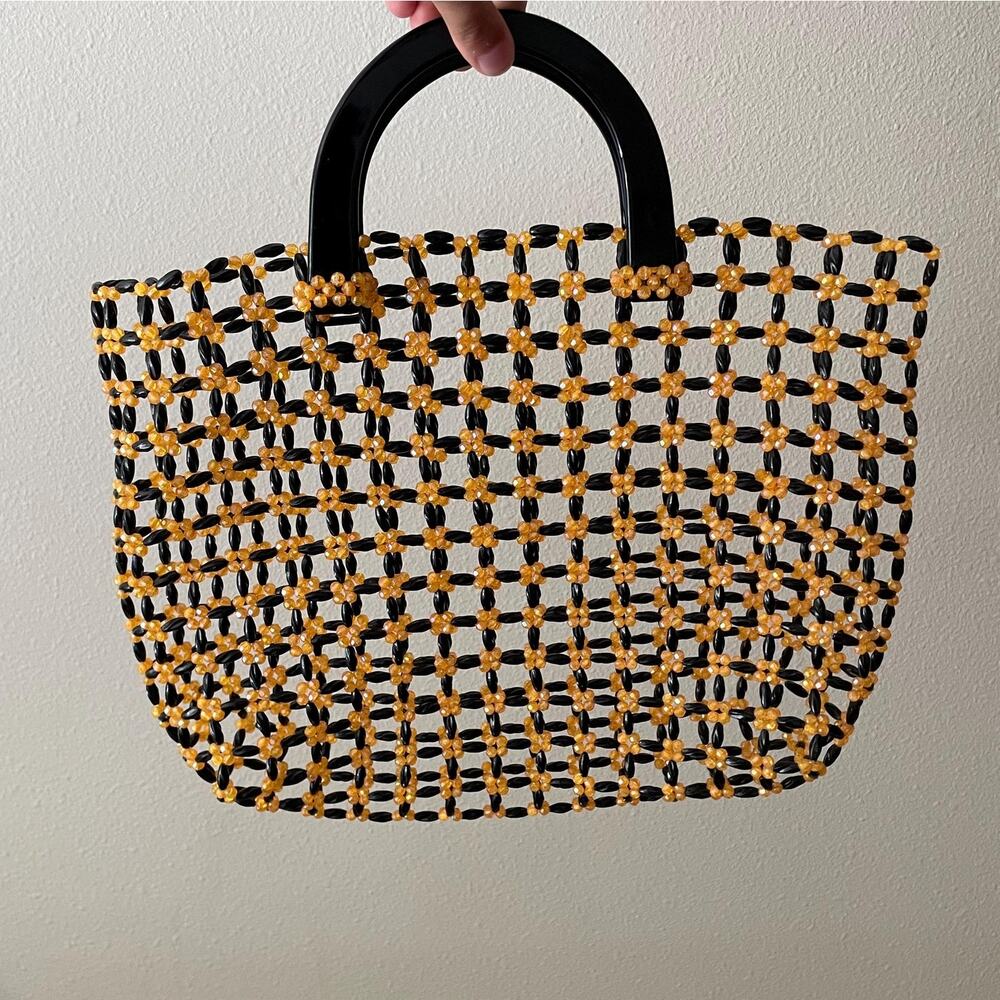 Vintage 1960s Black Amber Hand Beaded Top Handle Bag Mod Purse Retro Large Tote